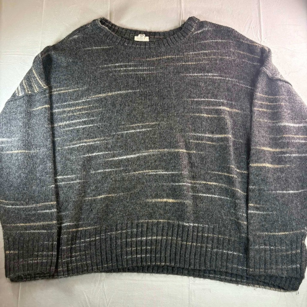 ANA Womens 2X Sweater Gray Striped Crew Neck Knit Pullover Lagenlook